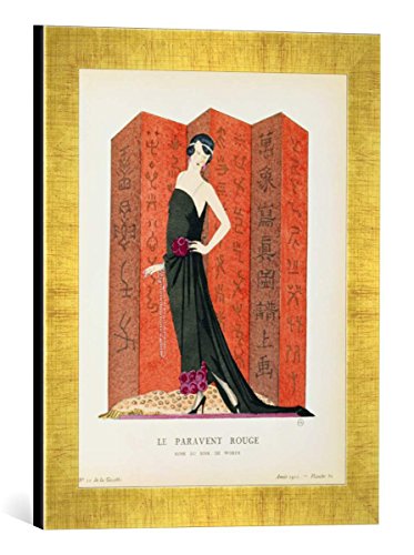 Gerahmtes Bild von French School Gazette du Bon Ton: No.10, Le Paravent Rouge, Evening Dress Designed by Worth, 1921", Kunstdruck im hochwertigen handgefertigten Bilder-Rahmen, 30x40 cm, Gold Raya von kunst für alle