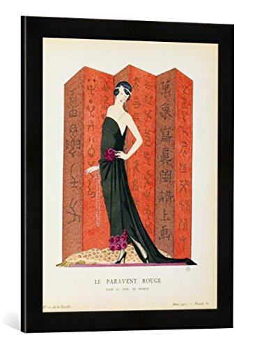 Gerahmtes Bild von French School Gazette du Bon Ton: No.10, Le Paravent Rouge, Evening Dress Designed by Worth, 1921", Kunstdruck im hochwertigen handgefertigten Bilder-Rahmen, 40x60 cm, Schwarz matt von kunst für alle