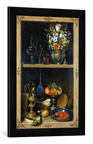 Gerahmtes Bild von Georg Flegel Regal mit Blumenvase und Früchten, Kunstdruck im hochwertigen handgefertigten Bilder-Rahmen, 40x60 cm, Schwarz matt von kunst für alle