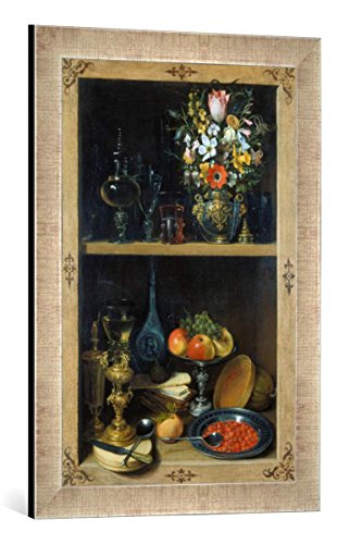 Gerahmtes Bild von Georg Flegel Regal mit Blumenvase und Früchten, Kunstdruck im hochwertigen handgefertigten Bilder-Rahmen, 40x60 cm, Silber Raya von kunst für alle