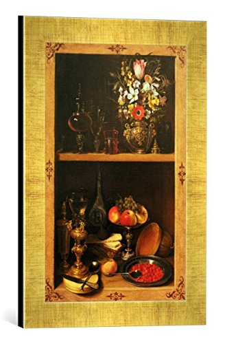 Gerahmtes Bild von Georg Flegel Schrankbild mit Blumen, Obst und Pokalen, Kunstdruck im hochwertigen handgefertigten Bilder-Rahmen, 30x40 cm, Gold Raya von kunst für alle