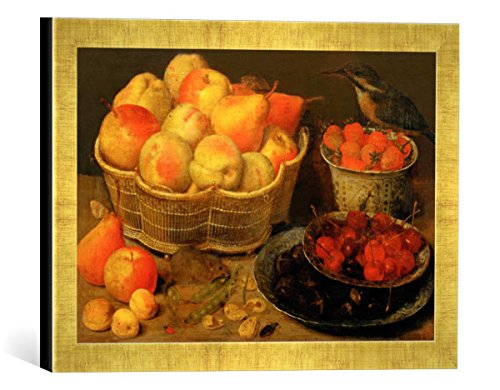 Gerahmtes Bild von Georg Flegel Stilleben mit Obst, Maus und Eisvogel, Kunstdruck im hochwertigen handgefertigten Bilder-Rahmen, 40x30 cm, Gold Raya von kunst für alle