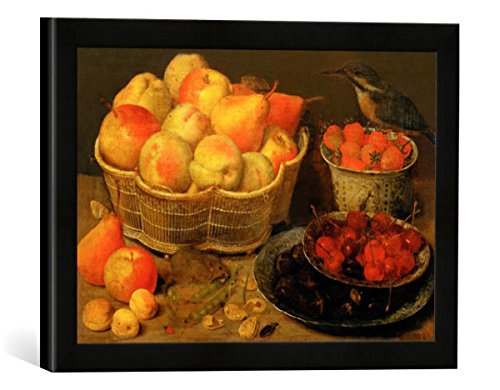 Gerahmtes Bild von Georg Flegel Stilleben mit Obst, Maus und Eisvogel, Kunstdruck im hochwertigen handgefertigten Bilder-Rahmen, 40x30 cm, Schwarz matt von kunst für alle