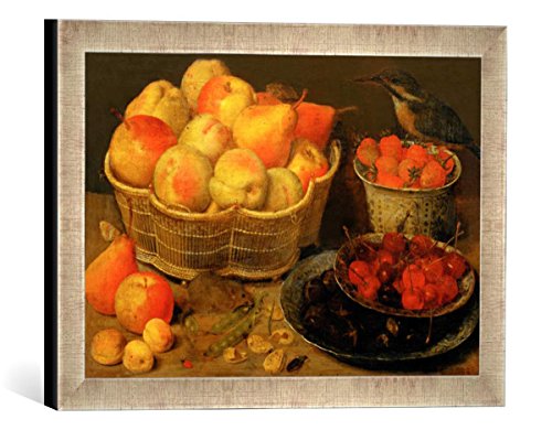 Gerahmtes Bild von Georg Flegel Stilleben mit Obst, Maus und Eisvogel, Kunstdruck im hochwertigen handgefertigten Bilder-Rahmen, 40x30 cm, Silber Raya von kunst für alle