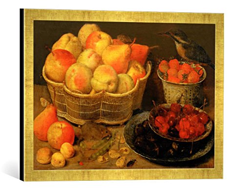 Gerahmtes Bild von Georg Flegel Stilleben mit Obst, Maus und Eisvogel, Kunstdruck im hochwertigen handgefertigten Bilder-Rahmen, 60x40 cm, Gold Raya von kunst für alle