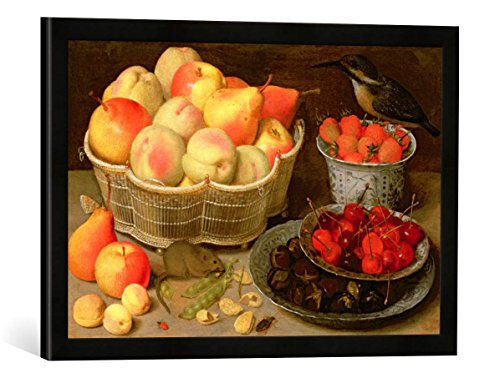 Gerahmtes Bild von Georg Flegel Stilleben mit Obst, Maus und Eisvogel, Kunstdruck im hochwertigen handgefertigten Bilder-Rahmen, 60x40 cm, Schwarz matt von kunst für alle