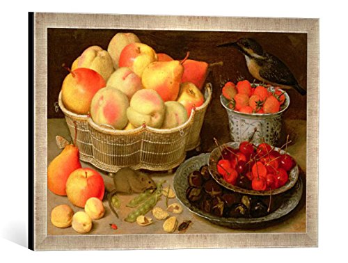 Gerahmtes Bild von Georg Flegel Stilleben mit Obst, Maus und Eisvogel, Kunstdruck im hochwertigen handgefertigten Bilder-Rahmen, 60x40 cm, Silber Raya von kunst für alle