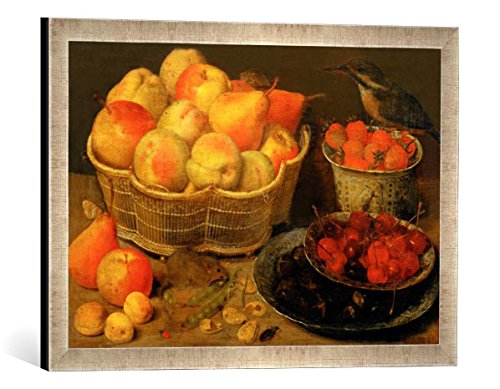 Gerahmtes Bild von Georg Flegel Stilleben mit Obst, Maus und Eisvogel, Kunstdruck im hochwertigen handgefertigten Bilder-Rahmen, 60x40 cm, Silber Raya von kunst für alle