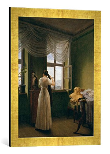 Gerahmtes Bild von Georg Friedrich Kersting Vor dem Spiegel, Kunstdruck im hochwertigen handgefertigten Bilder-Rahmen, 40x60 cm, Gold Raya von kunst für alle