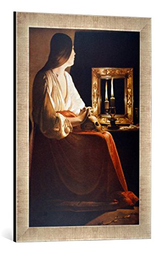 Gerahmtes Bild von Georges de la Tour Maria Magdalena vor dem Spiegel, Kunstdruck im hochwertigen handgefertigten Bilder-Rahmen, 40x60 cm, Silber Raya von kunst für alle