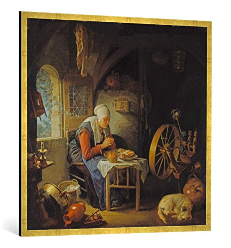 Gerahmtes Bild von Gerrit or Gerard Dou Das Tischgebet der Spinnerin. Um 1645", Kunstdruck im hochwertigen handgefertigten Bilder-Rahmen, 100x100 cm, Gold Raya von kunst für alle