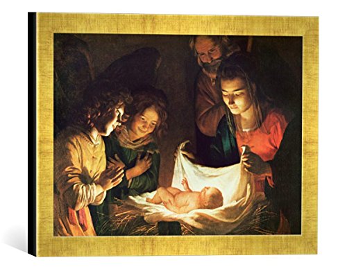 Gerahmtes Bild von Gerrit Van Honthorst Adoration of The Baby, c.1620, Kunstdruck im hochwertigen handgefertigten Bilder-Rahmen, 40x30 cm, Gold Raya von kunst für alle
