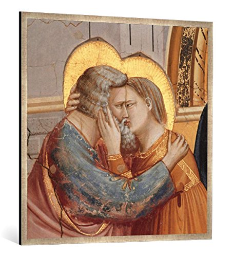 Gerahmtes Bild von Giotto di Bondone Die Begegnung Joachims und Annas an der Goldenen Pforte, Kunstdruck im hochwertigen handgefertigten Bilder-Rahmen, 100x100 cm, Silber Raya von kunst für alle