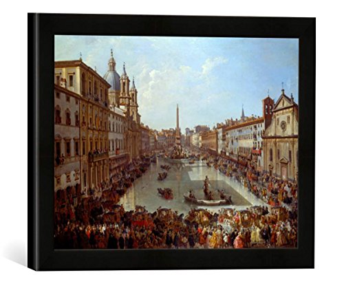 Gerahmtes Bild von Giovanni Paolo Pannini Piazza Navona in Rom unter Wasser gesetzt, Kunstdruck im hochwertigen handgefertigten Bilder-Rahmen, 40x30 cm, Schwarz matt von kunst für alle