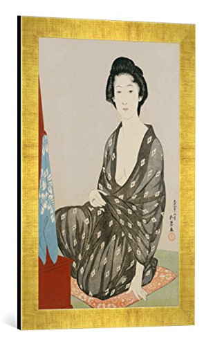 Gerahmtes Bild von Goyo Hashiguchi "Eine Schönheit in einem schwarzen Kimono mit weißem Hanabishi Muster vor einem Spiegel sitzend. Dai oban tate-e", Kunstdruck im hochwertigen handgefertigten Bilder-Rahmen, 40x60 cm, Gold Raya von kunst für alle