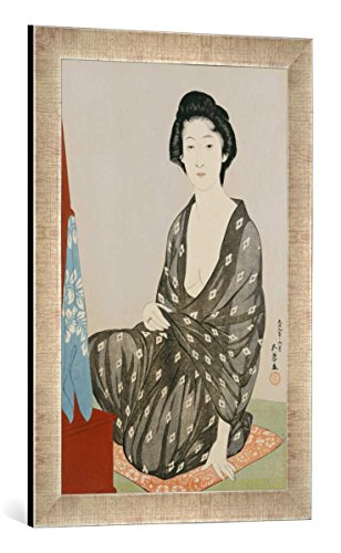 Gerahmtes Bild von Goyo Hashiguchi "Eine Schönheit in einem schwarzen Kimono mit weißem Hanabishi Muster vor einem Spiegel sitzend. Dai oban tate-e", Kunstdruck im hochwertigen handgefertigten Bilder-Rahmen, 40x60 cm, Silber Raya von kunst für alle