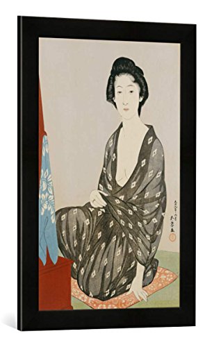 Gerahmtes Bild von Goyo Hashiguchi "Eine Schönheit in einem schwarzen Kimono mit weißem Hanabishi Muster vor einem Spiegel sitzend. Dai oban tate-e", Kunstdruck im hochwertigen handgefertigten Bilder-Rahmen, 40x60 cm, Schwarz matt von kunst für alle