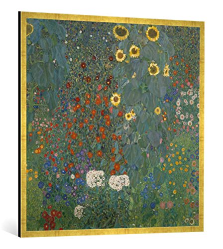 Gerahmtes Bild von Gustav Klimt Bauerngarten mit Sonnenblumen, Kunstdruck im hochwertigen handgefertigten Bilder-Rahmen, 100x100 cm, Gold Raya von kunst für alle