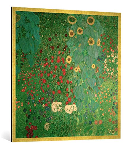 Gerahmtes Bild von Gustav Klimt Bauerngarten mit Sonnenblumen, Kunstdruck im hochwertigen handgefertigten Bilder-Rahmen, 100x100 cm, Gold Raya von kunst für alle