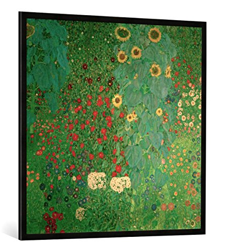 Gerahmtes Bild von Gustav Klimt Bauerngarten mit Sonnenblumen, Kunstdruck im hochwertigen handgefertigten Bilder-Rahmen, 100x100 cm, Schwarz matt von kunst für alle