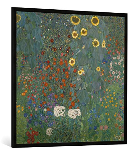 Gerahmtes Bild von Gustav Klimt Bauerngarten mit Sonnenblumen, Kunstdruck im hochwertigen handgefertigten Bilder-Rahmen, 100x100 cm, Schwarz matt von kunst für alle