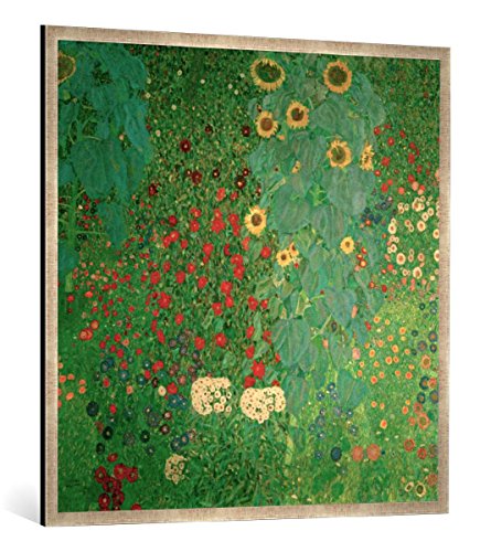 Gerahmtes Bild von Gustav Klimt Bauerngarten mit Sonnenblumen, Kunstdruck im hochwertigen handgefertigten Bilder-Rahmen, 100x100 cm, Silber Raya von kunst für alle
