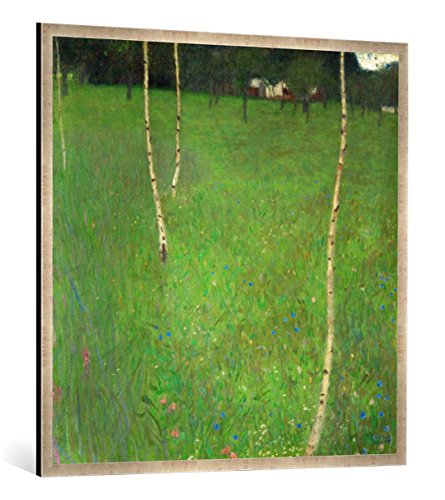 Gerahmtes Bild von Gustav Klimt Bauernhaus mit Birken - Junge Birken, Kunstdruck im hochwertigen handgefertigten Bilder-Rahmen, 100x100 cm, Silber Raya von kunst für alle
