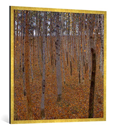 Gerahmtes Bild von Gustav Klimt Buchenwald I, Kunstdruck im hochwertigen handgefertigten Bilder-Rahmen, 100x100 cm, Gold Raya von kunst für alle