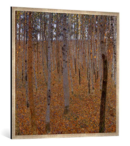 Gerahmtes Bild von Gustav Klimt Buchenwald I, Kunstdruck im hochwertigen handgefertigten Bilder-Rahmen, 100x100 cm, Silber Raya von kunst für alle