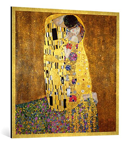 Gerahmtes Bild von Gustav Klimt Der Kuß, Kunstdruck im hochwertigen handgefertigten Bilder-Rahmen, 100x100 cm, Gold Raya von kunst für alle