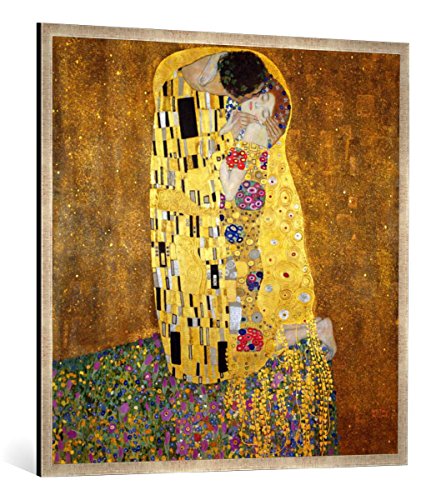 Gerahmtes Bild von Gustav Klimt Der Kuß, Kunstdruck im hochwertigen handgefertigten Bilder-Rahmen, 100x100 cm, Silber Raya von kunst für alle