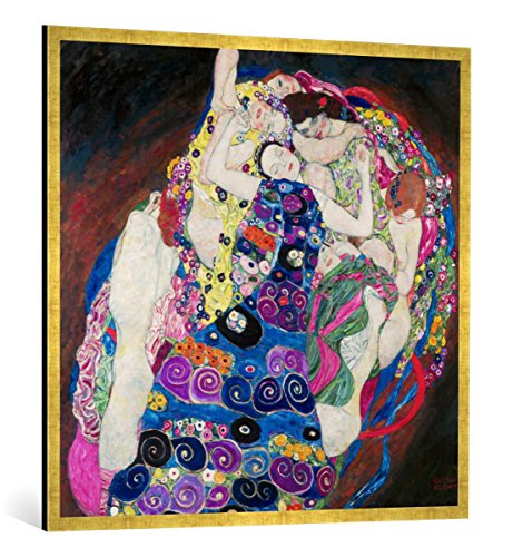 Gerahmtes Bild von Gustav Klimt Die Mädchen, Kunstdruck im hochwertigen handgefertigten Bilder-Rahmen, 100x100 cm, Gold Raya von kunst für alle