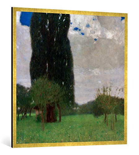 Gerahmtes Bild von Gustav Klimt Die große Pappel I, Kunstdruck im hochwertigen handgefertigten Bilder-Rahmen, 100x100 cm, Gold Raya von kunst für alle