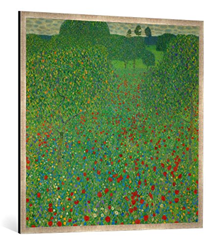 Gerahmtes Bild von Gustav Klimt Feld mit Mohn, Kunstdruck im hochwertigen handgefertigten Bilder-Rahmen, 100x100 cm, Silber Raya von kunst für alle