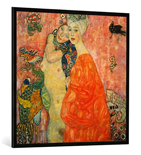 Gerahmtes Bild von Gustav Klimt Freundinnen, Kunstdruck im hochwertigen handgefertigten Bilder-Rahmen, 100x100 cm, Schwarz matt von kunst für alle