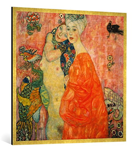 Gerahmtes Bild von Gustav Klimt Freundinnen, Kunstdruck im hochwertigen handgefertigten Bilder-Rahmen, 100x100 cm, Gold Raya von kunst für alle