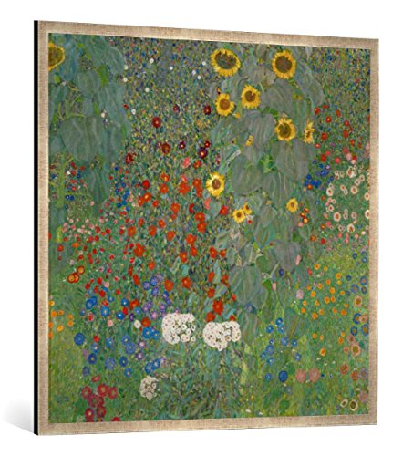 Gerahmtes Bild von Gustav Klimt Garten mit Sonnenblumen, Kunstdruck im hochwertigen handgefertigten Bilder-Rahmen, 100x100 cm, Silber Raya von kunst für alle