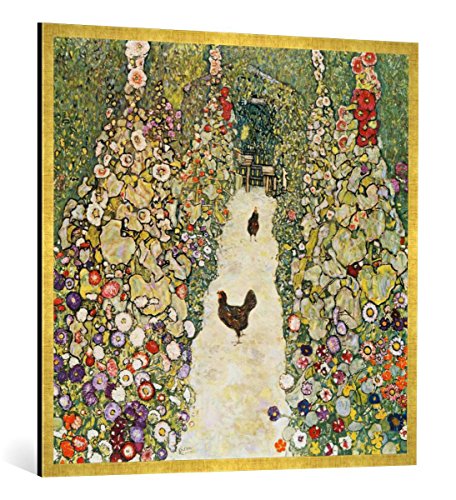 Gerahmtes Bild von Gustav Klimt Gartenweg mit Hühnern, Kunstdruck im hochwertigen handgefertigten Bilder-Rahmen, 100x100 cm, Gold Raya von kunst für alle