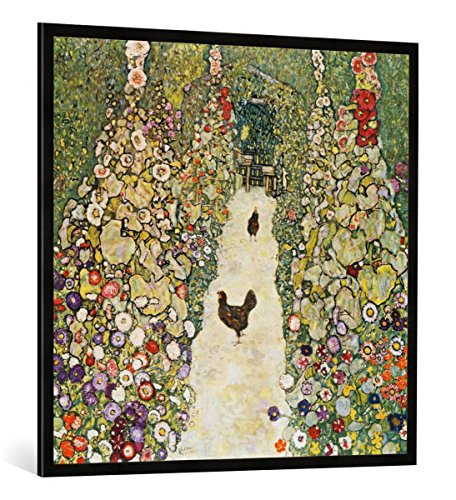 Gerahmtes Bild von Gustav Klimt Gartenweg mit Hühnern, Kunstdruck im hochwertigen handgefertigten Bilder-Rahmen, 100x100 cm, Schwarz matt von kunst für alle