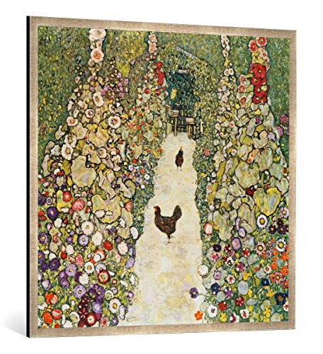 Gerahmtes Bild von Gustav Klimt Gartenweg mit Hühnern, Kunstdruck im hochwertigen handgefertigten Bilder-Rahmen, 100x100 cm, Silber Raya von kunst für alle