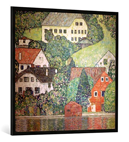 Gerahmtes Bild von Gustav Klimt Häuser in Unterach am Attersee, Kunstdruck im hochwertigen handgefertigten Bilder-Rahmen, 100x100 cm, Schwarz matt von kunst für alle