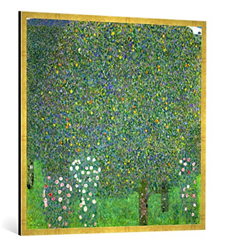 Gerahmtes Bild von Gustav Klimt Rosen unter Bäumen, Kunstdruck im hochwertigen handgefertigten Bilder-Rahmen, 100x100 cm, Gold Raya von kunst für alle