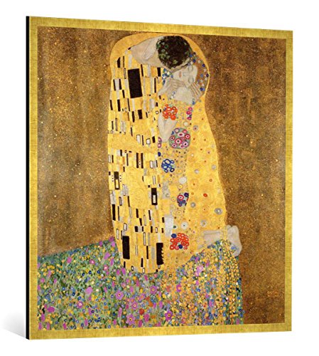 Gerahmtes Bild von Gustav Klimt The Kiss, 1907-08", Kunstdruck im hochwertigen handgefertigten Bilder-Rahmen, 100x100 cm, Gold Raya von kunst für alle