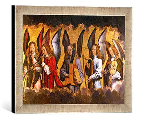 Gerahmtes Bild von Hans Memling "Angels Playing Musical Instruments, right hand panel from a triptych from the Church of Santa Maria la Real, Najera, c.1487-90", Kunstdruck im hochwertigen handgefertigten Bilder-Rahmen, 40x30 cm, Silber raya von kunst für alle