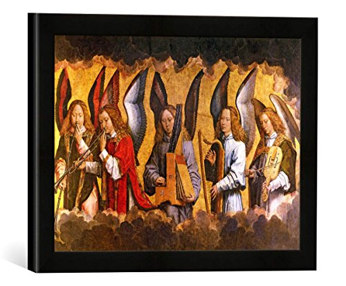 Gerahmtes Bild von Hans Memling "Angels Playing Musical Instruments, right hand panel from a triptych from the Church of Santa Maria la Real, Najera, c.1487-90", Kunstdruck im hochwertigen handgefertigten Bilder-Rahmen, 40x30 cm, Schwarz matt von kunst für alle