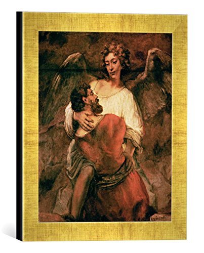 Gerahmtes Bild von Harmensz Van Rijn Rembrandt Jakobs Kampf mit dem Engel, Kunstdruck im hochwertigen handgefertigten Bilder-Rahmen, 30x30 cm, Gold Raya von kunst für alle