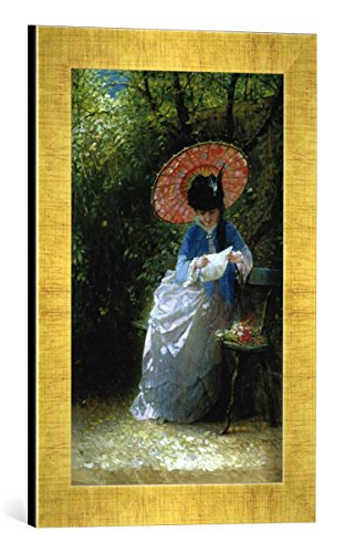 Gerahmtes Bild von Hendricus Jacobus Burger Brieflesende Dame mit japanischem Sonnenschirm, Kunstdruck im hochwertigen handgefertigten Bilder-Rahmen, 30x40 cm, Gold Raya von kunst für alle