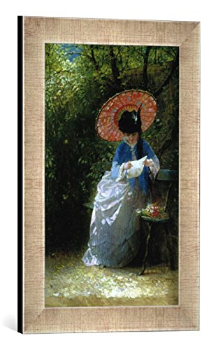 Gerahmtes Bild von Hendricus Jacobus Burger Brieflesende Dame mit japanischem Sonnenschirm, Kunstdruck im hochwertigen handgefertigten Bilder-Rahmen, 30x40 cm, Silber Raya von kunst für alle