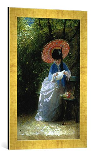 Gerahmtes Bild von Hendricus Jacobus Burger Brieflesende Dame mit japanischem Sonnenschirm, Kunstdruck im hochwertigen handgefertigten Bilder-Rahmen, 40x60 cm, Gold Raya von kunst für alle