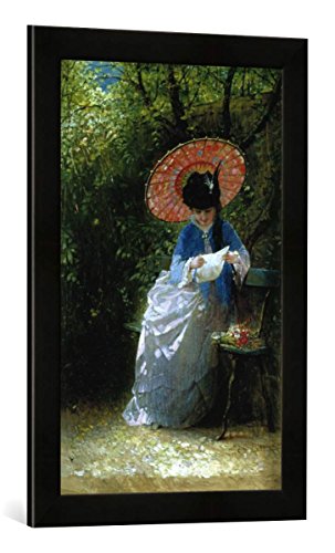 Gerahmtes Bild von Hendricus Jacobus Burger Brieflesende Dame mit japanischem Sonnenschirm, Kunstdruck im hochwertigen handgefertigten Bilder-Rahmen, 40x60 cm, Schwarz matt von kunst für alle